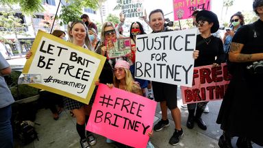 People protest in support of pop star Britney Spears on the day of a conservatorship case hearing at Stanley Mosk Courthouse in Los Angeles  